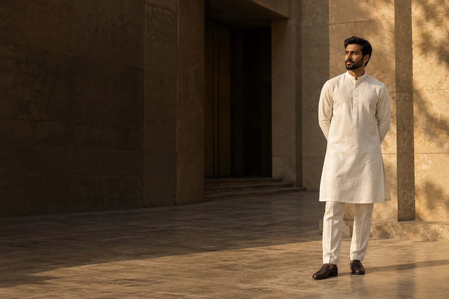 REESHAN ivory Panjabi in a sunlit stone courtyard